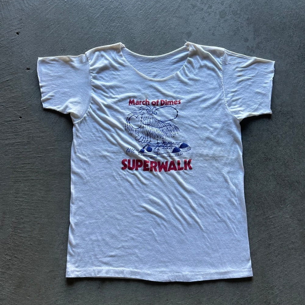 Vintage 80s March of Dimes Superwalk Shirt Size Medium White‎ Marathon Art